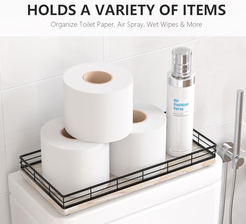Toilet Paper Basket Organizer – Ash Wood Toilet Tank Tray with Metal Frame, Bathroom Counter Top Storage for Toilet Paper Wipes & Decor, Modern Narrow Back of Tank Shelf Organizer, Black & Whitewashed - color: Black & Whitewashed, size: 13" x 6.5" x 2"