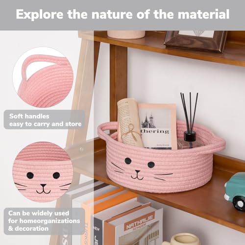 Small Rope Basket, Pink Cute Cat Toy Basket for Living Room, Gift Baskets Empty for Living Room, Decorative woven Baskets for Nursery, Baby Organizing & Towel Storage, 9.8 x 4 inches - color: Pink, size: 9.8"W x 4"H