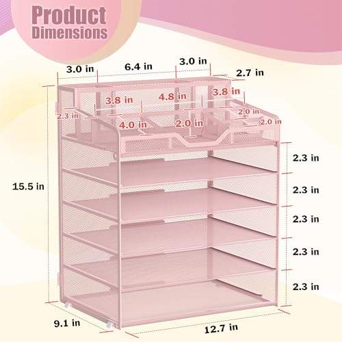 Docnest 6 Tier Mesh Desk Organizer for Paper Office Supplies – Multi-Functional Letter Tray with 5 Adjustable Compartments, 9 Pen Holders, Desktop Storage for Files, Mail, Stationery – Pink - color: Pink, size: 12.7" x 9.1" x 15.5"