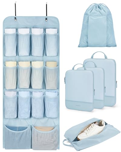 BAGSMART Hanging Compression Packing Cubes for Closet Organizers And Storage, 6 Set Suitcase Organizer Bags Set, Cruise Travel Essentials for Women | Hanging, Compression, Packing Cubes, for Women - color: Light Blue