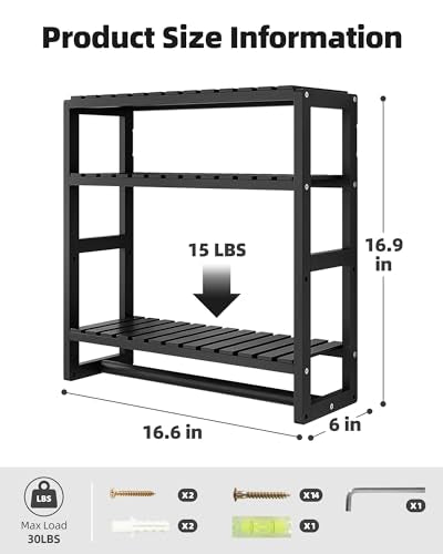 Galood Over The Toilet Storage Bathroom Shelves Wall Mounted 3 Tier Space Saver Corner Shelf Organizer Bamboo Towel Rack Toilet Paper Cabinet with Hanging Rod Black - color: Black 1pack, size: Standard