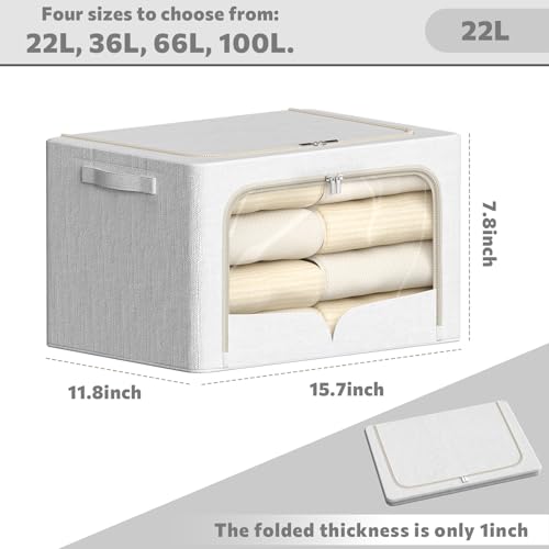 FHSQX 3 Pack Clothes Storage Bins Foldable Metal Frame Storage Box Stackable Linen Fabric Container Organizer Set with Carrying Handles and Clear Window (Cream White, 15.7x11.8x7.8inch(22L)) - color: Cream White, size: 15.7x11.8x7.8inch(22L)