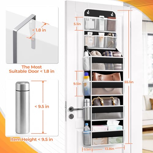 SpaceHacks 6-Tier Over the Door Organizer with Mesh Pockets, Baby Nursery Storage for Closet, Bathroom and Bedroom, Adjustable Hanging Closet Organizer for Cosmetics, Books and Essentials (Black) - color: Black, size: 6-Tier