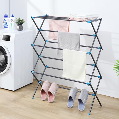 APEXCHASER Clothes Drying Rack, Foldable 2-Level Drying Rack Clothing, Stainless Steel Free-Standing Laundry Airer, with Height-Adjustable 4 Wings, Matte Black - color: Graphite, size: Small