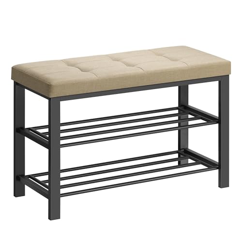 SONGMICS Shoe Bench, Storage Bench, Entryway Bench with Cushion, Shoe Shelf with Seat, Space-Saving, Modern Style, for Living Room, Bedroom, Hallway, Camel Brown and Ink Black ULBS057K01 - color: Camel Brown + Ink Black, size: 31.9"W