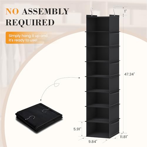 YOUDENOVA Upgraded Extra Wide Hanging Shoe Organizer for Closet, 8-Shelf Storage Organizer with 8 Side Pockets, Hanging Shoe Rack for Hats Clothes Jeans, Black - color: Black, size: 1 Pack