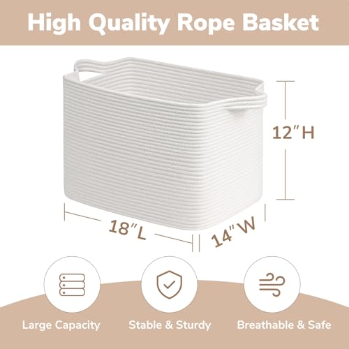 Goodpick Large Woven Basket 18" x 14" x 12" Cotton Rope Storage Baskets for Organizing, Rectangle Blanket Basket for Living Room Bedroom, Toy Baskets Storage Kids, White - color: White, size: 18"L x 14"W x 12"H