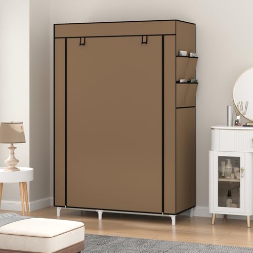 Calmootey Portable Closet Organizers, Clothing Storage, Wardrobe with 6 Shelves and Hanging Rod, Non-Woven Fabric Cover with 4 Side Pockets, Brown - color: Brown
