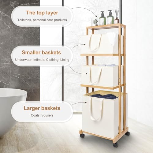 Homde Laundry Basket 3 Tier Bamboo Storage Shelf with Wheels Removable Container with Handle Freestanding Clothes Hamper Organizer for Bathroom Living Room Bedroom (Natural) - color: Natural