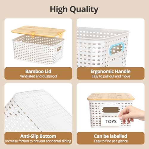 Plastic Storage Baskets with Bamboo Lids, Stackable Small Box Bins for Organizing and Containers for Shelves Drawers Desktop Closet Pantry Classroom Office Home, 6 Pack 10.2x7.2x4.1 Inch, White - color: White