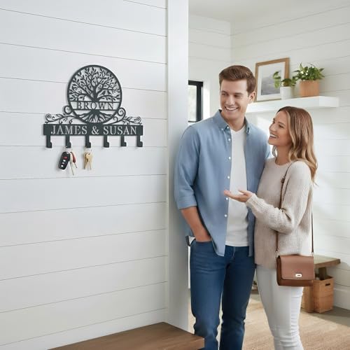 Personalized Tree of Life Metal Key Holder for Wall,Custom Monogram Coat Rack Wall Mount, Key Hooks for Bathroom, Living Room, Kitchen, Office, Wedding, Anniversary & Housewarming Gift - style: Tree of Life