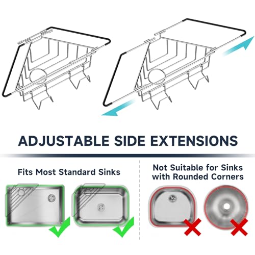 NiHome Extendable Arm Stainless Steel Kitchen Sink Corner Caddy, Easy Install Space-Saving Adjustable Sponge Holder, Non-Slip Rust-Resistant for Brushes, Soap, Sponges (Silver) - color: Silver