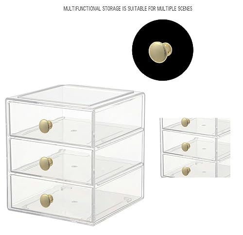 AJIODA Makeup Drawer Organizer Box with 3 Drawers, Acrylic Cosmetic Display Case Vanity Organizer Jewelry Storage Box Stackable Storage for Cosmetics, Skin Care, Bathroom, Countertop, Gold Handle - color: Gold Handle