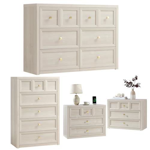 6 Drawers Dresser for Bedroom-46.5" Wide Wooden Chest of Drawers with Large Storage, Long Dresser TV Stand with Drawers, Farmhouse Closet Dressers for Living Room Bedroom, Grey White - color: Beige, size: 15.5"D x 46.5"W x 33.6"H (6 Drawers)