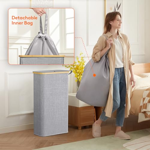 Lifewit 65L Slim Laundry Hamper with Lid, Narrow Laundry Basket with Removable Bag & Bamboo Handles, Fodable Thin Dirty Clothes Hamper for Laundry Collapsible Bin for Bathroom Bedroom Dorm, Gray - color: Gray, size: 65L