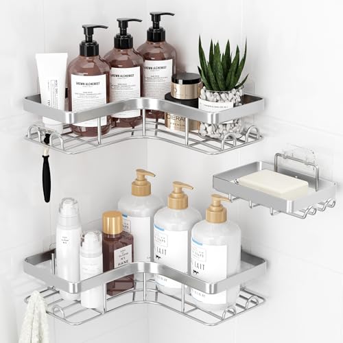 Sakugi Corner Shower Caddy - 3-Pack Shower Organizer with Soap Holder & Built-In Hooks, Rustproof Metal Shower Shelves, Laundry, Kitchen, Bathroom Organizers and Storage Solution, Large, Silver - color: Silver, size: Large - 3 Packs