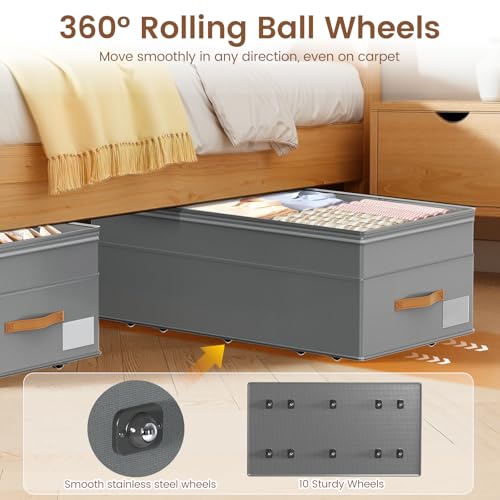 Under Bed Storage with Wheels, 2-Pack Underbed Storage Containers, No Assemble 11 inches 90L XXL Large Adjustable Storage Bins with Clear Lids, Rolling Storage for Clothes, Shoes, Blankets, Gray - color: Gray