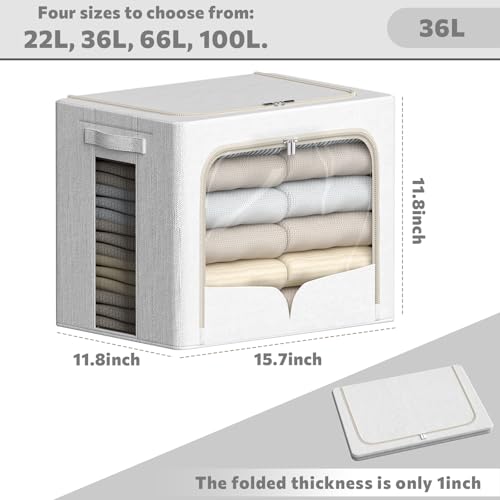 FHSQX 3 Pack Clothes Storage Bins Foldable Metal Frame Storage Box Stackable Linen Fabric Container Organizer Set with Carrying Handles and Clear Window (Cream White, 15.7x11.8x11.8inch(36L)) - color: Cream White, size: 15.7x11.8x11.8inch(36L)