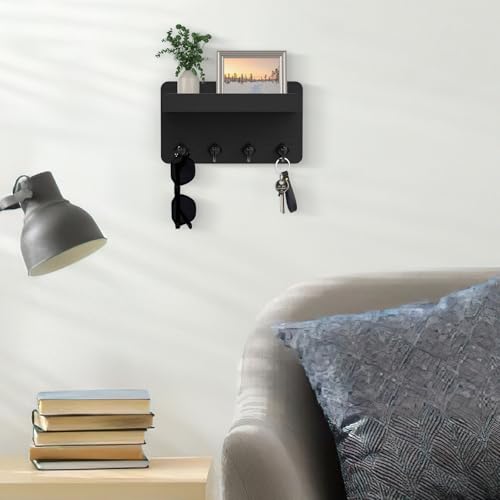 Nekon Key Holder Wall Mount, 8.5 Inch Small Home Decor Wooden Wall Organizer with 4 Hooks and Shelf, Key and Mail Holder for Living Room Entryway Kitchen (Black) - color: Black