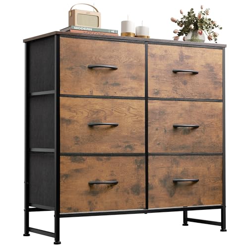 WLIVE Dresser for Bedroom with 6 Drawers, Closet Dresser with Metal Frame, Wooden Top, Fabric Dresser for Closet, Living Room, Hallway, Rustic Brown Wood Grain Print - color: Rustic Brown Wood Grain Print
