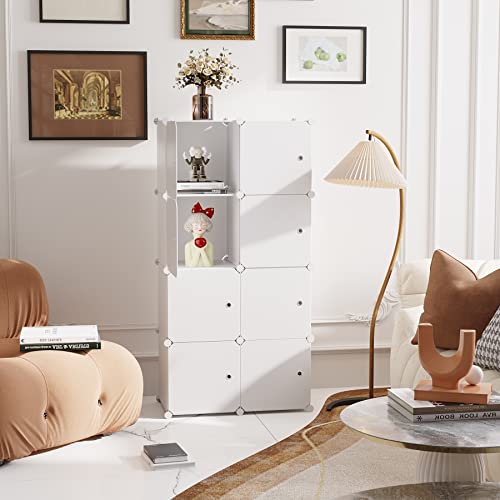 C&AHOME Cube Storage Organizer with Doors, 8-Cube Shelf, Closet Cabinet, DIY Plastic Modular Bookshelf, Storage Shelves Ideal for Bedroom,Living Room,24.8" L × 12.4" W × 48.4" H Milky UGSHS3008M - color: Milky