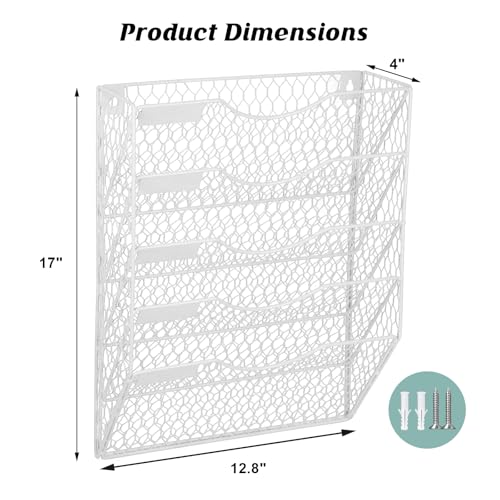 EASEPRES Mail Organizer Wall Mount Hanging File Holder Storage, Metal Chicken Wire Magazine Rack 5 Tier, White - color: White, size: 5 Tier