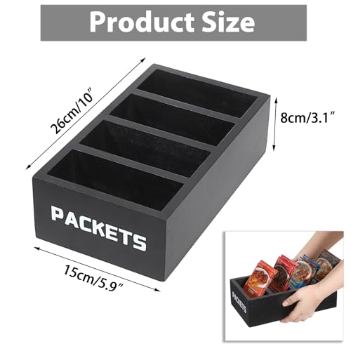 BSTKEY Seasoning Packet Organizer, Food Packet Storage Organizer with 4 Compartments, Black Wooden Storage Caddy for Kitchen Pantry Cabinet, Farmhouse Kitchen Organization Bin for Snacks Spice Packets - color: Black