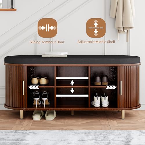 DHH 2-Tier Storage Bench,Wide Shoe Bench with Thickened Padded Seat Cushion, Mid Century Modern Fluted Sliding Door and Adjustable Shelf, for Entryway, Living Room, Bedroom (Walnut, 43.3“) - color: Walnut, size: 43.3 inch