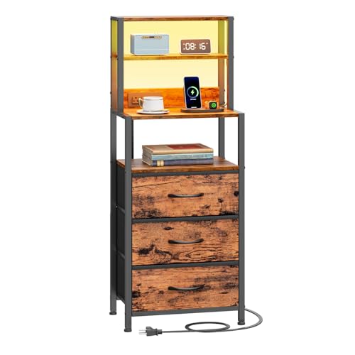 Furnulem Night Stand, Tall Nightstand with 4-Tier Shelves and 3 Fabric Drawers, LED Bed Side Tables with Charging Station, Bedside Table for Bedroom, Hallway, Office, Rustic Brown - color: Rustic Brown, size: 3 Drawer