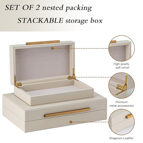 Set of 2 Beige Shagreen Decorative Storage Boxes with Gold Metal Handles – Faux Leather Jewelry & Memory Boxes, Nesting Photo Organizers for Home Decor - color: Beige+Gold Handles