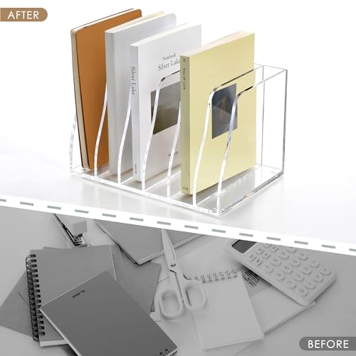 SANRUI Acrylic Magazine File Holder, 6 Vertical Compartments Desk Document Sorter Organizer, Clear Folder Rack Binder Bookstore Workspace Sorters for Office Accessories Organization Storage - style: 6 Slot B5 File Rack