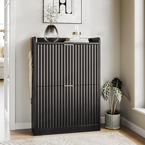 Black Fluted Shoe Cabinet with 2 Flip Drawers, Narrow Shoe Storage Cabinet for Entryway, Freestanding Shoes Rack Organizer Cabinets with Adjustable Shelves for Entryway, Hallway - color: Black, size: 2-Drawers