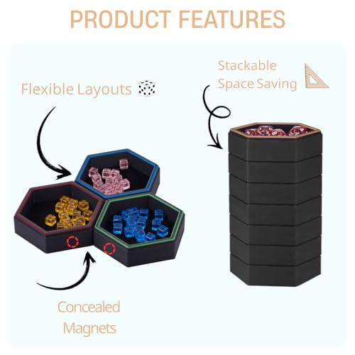 Magnetic Board Game Storage Trays, Hexagonal Modular Organizer, Flexibility Customize Layout Tray Accessory, Holds Tabletop Bits, Components, Pieces, Dices (7-Pack)