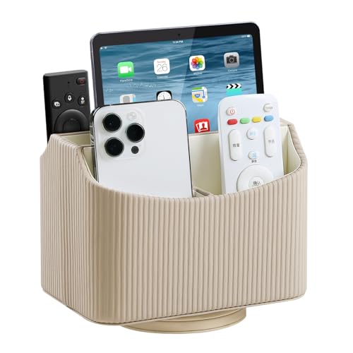 PU Leather Remote Control Holder, 360 Degree Rotating Desk Organizer Storage Table Remote Caddy, Spinning Bedside Organizer Nightstand Organizer for Desktop Office Home (Beige) - color: Beige