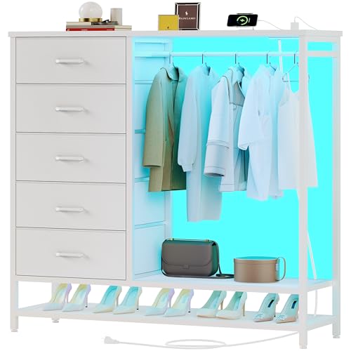 Dresser for Bedroom, Dresser with Hanging Rack Led Lights and Charging Station, White Bedroom Dresser with 5 Fabric Chest of Drawers with PU Finish Storage Organizer, for Living Room Hallway, White - color: White