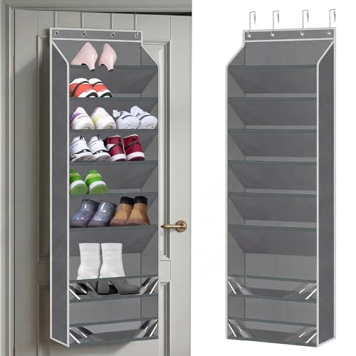 Homgaty Over the Door Shoe Rack Organizer fit 16-20 Pairs, Hanging Shoe Organizer Storage Dustproof Over the Door Shoe Organizer with Stable Sticker Pad for Closet Door Hanging Boots Storage