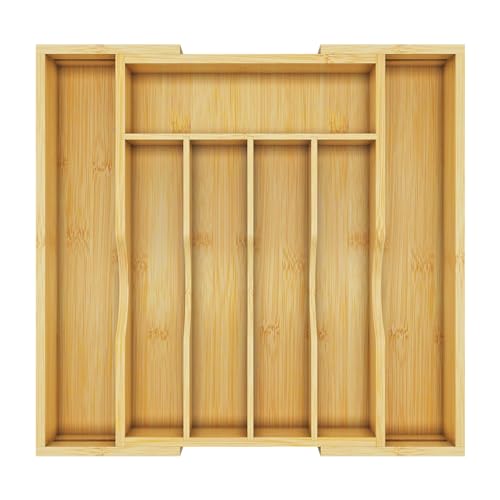 Bamboo Utensil Organizer for Kitchen Drawers, Utensil Tray and Cutlery Silverware Holder,Wood Drawer Dividers with 7 Slots（Natural） - size: 7 Slot-Expandable