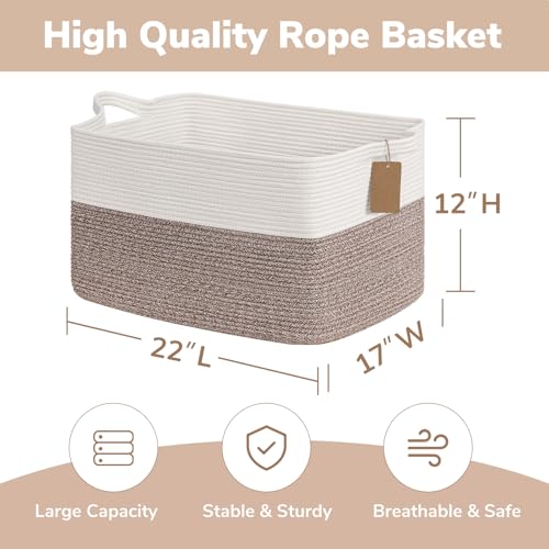 Goodpick Woven Storage Baskets for Organizing 22”x17”x12” Large Blanket Basket for Living Room Home Decor, Rope Nursery Toy Storage for Kids Baby Laundry Basket with Handles - color: Brown, size: 22"L x 17"W x 12"H