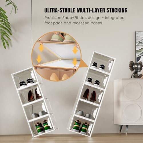 XL Large Stackable Shoe Boxes - Clear Plastic Shoe Storage Boxes with Magnetic Door, Thicken Shoe Organizer for Closet, Space Saving Foldable Shoe Containers Bins for Sneaker Boot - 6 Pack(White) - color: White