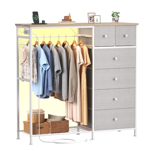 DUMOS Dresser for Bedroom with Hanging Rack, 6 Drawer Fabric Dresser with Charging Station and LED Lights, Closet Organizer & Storage Tower for Living Room, Entryway, Apartment, Light Grey - color: Light Grey, size: 15.8"D x 47.2"W x 49.2"H (6 Drawers)