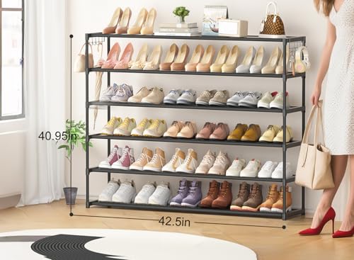 LUKYTOWER Extra Long Shoe Rack 6 Tier 39Pairs, Shoe Storage Organizer with 2 Hooks, Wide Stackable Shoe Organizer Racks for Closet Entryway,Shoe Shelf Stand Sturdy Durable Shoes Holder, Black - color: Black, size: 6Tier 40.95"H