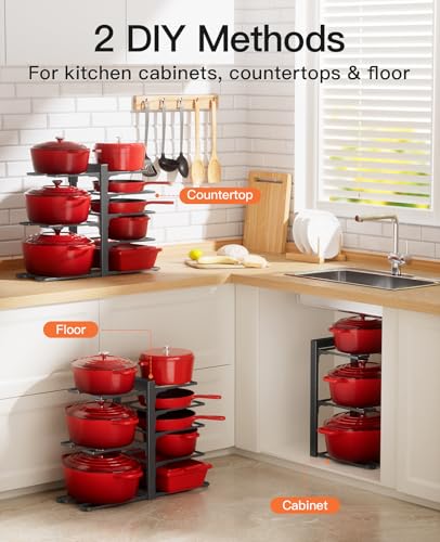 ORDORA Pots and Pans Organizer Rack for Cabinet, 15.83" Height 8-Tier Heavy Duty 120LBS Pot Pan Organizer under Cabinet Adjustable for Dutch Oven, Cast-iron Pan, Heavy Skillets Griddles, Shallow Pot - size: M-15.83"H-HeavyDuty