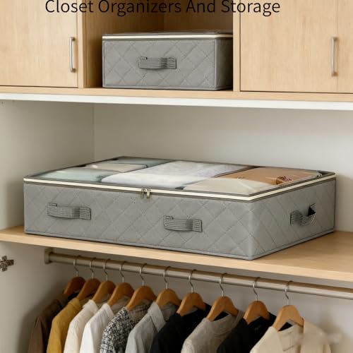 4 Pack Under Bed Storage, Closet Organizers and Storage Containers with Clear Window Foldable Underbed Storage Bags for Clothes,Shoes, Blankets Pillows, Linen Sheets, Grey