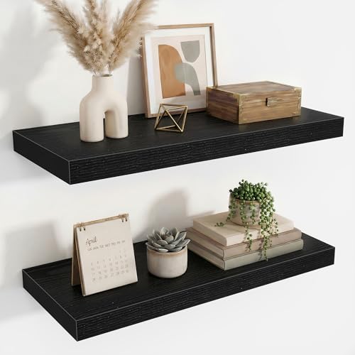 Acovy 24 Inch Floating Shelves for Wall Decor,9.3" Deep Floating Shelf Wall Book Shelves,Large Display Storage Shelf,Wall Mounted Shelves with Invisible Bracket for Living Room,Bedroom,Bathroom,Black - color: Black, size: 24 Inch,Set of 2