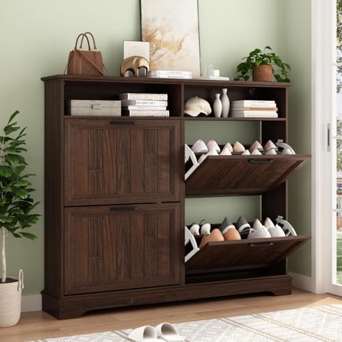 Shoe Storage Cabinet with 4 Flip Drawers, Farmhouse Modern Hidden Shoes Rack Cabinet with Adjustable Shelves & Open Storage, Narrow Slim Shoe Organizer for Front Door Entrance, Entryway, Walnut - color: Brown, size: 4-Drawers