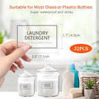 32PCS Laundry Room Labels Waterproof, Clear Laundry Labels for Jars, Transparent Stickers for Organizing Bottles, Detergent Dispensers & Storage Containers (2.8"X1.7")