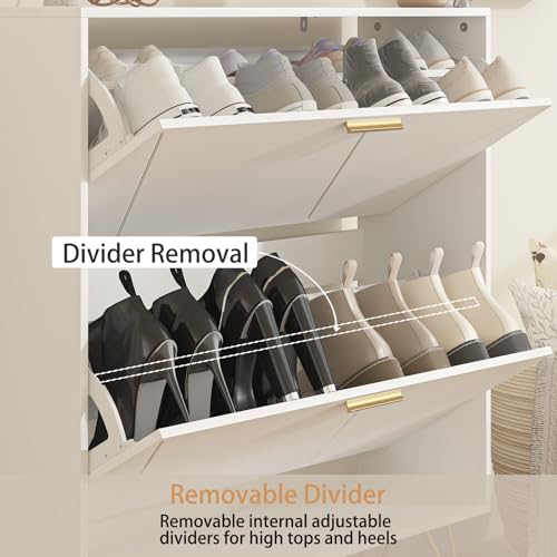LYNSOM 2er Set Shoe Cabinet with 4 Flip Drawers, White Shoe Storage Cabinet, Slim Wooden Freestanding Shoe Rack, Shoe Organizer with Fluted Panel for Entryway Hallway - color: White, size: Set of 2