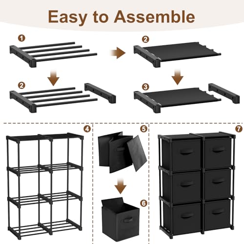 Briwooody 6 Cube Storage Organizer Bins with Shelf 11'' Toy Storage Box Back to School Dorm Organizers Fabric Unit for Playroom Book (Black) - color: Black