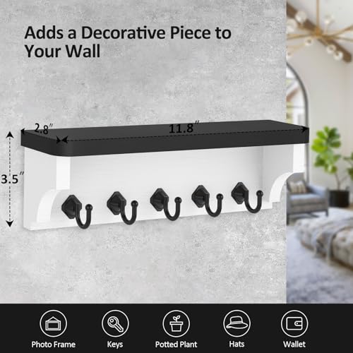 Nekon Key Holder for Wall, 11.8" W x 3.5" H x 2.8" D Decorative Key Organizer with Floating Shelf, Wall Mount Key Rack with 5 Hooks (Black) - color: Black