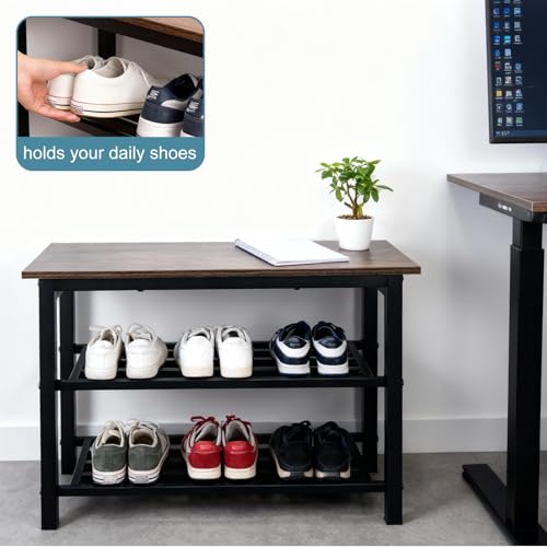 Shoe Bench, 3-Tier Shoe Rack, Industrial Shoe Organizer Storage Bench, 27.2'' Bench with Metal Shelves, for Entryway, Living Room, Hallway, Easy Assembly, 300lb Capacity - Rustic Brown - size: 3-Tier Shoe Bench (Metal Shelves）